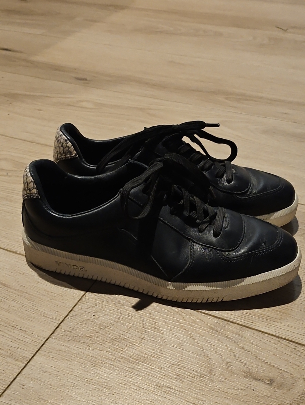 Vince Black Leather Womens Sneakers with Snakeskin Heel Accent